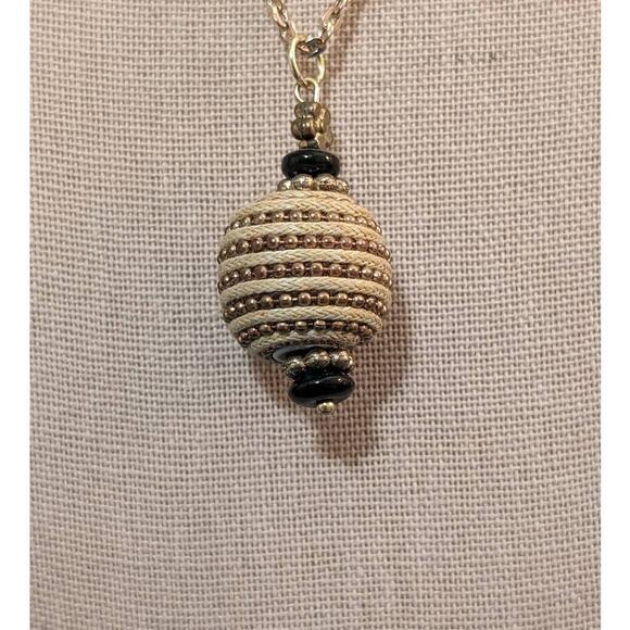 Cord Wrapped Beaded Orb Pendant on Gold Tone Spring Ring Clasp 18" Chain - Picture 5 of 5